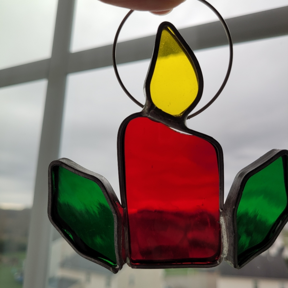 Vintage Stained Glass Suncatcher Christmas Candle Holly Green Red Hanging 4"